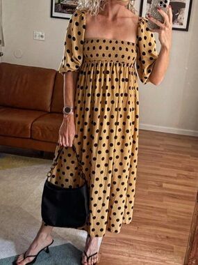 Faithfull The Brand 2 Brisa Emelda Maxi Dress Smocked Polka Dot Brown Tan Black